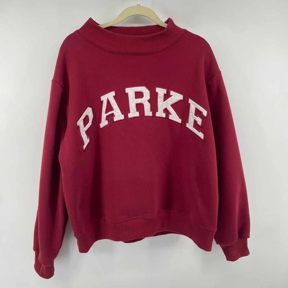 Parke Sweatshirt Womens L/XL Red Applique Mock Neck Relaxed Fleece Pullover